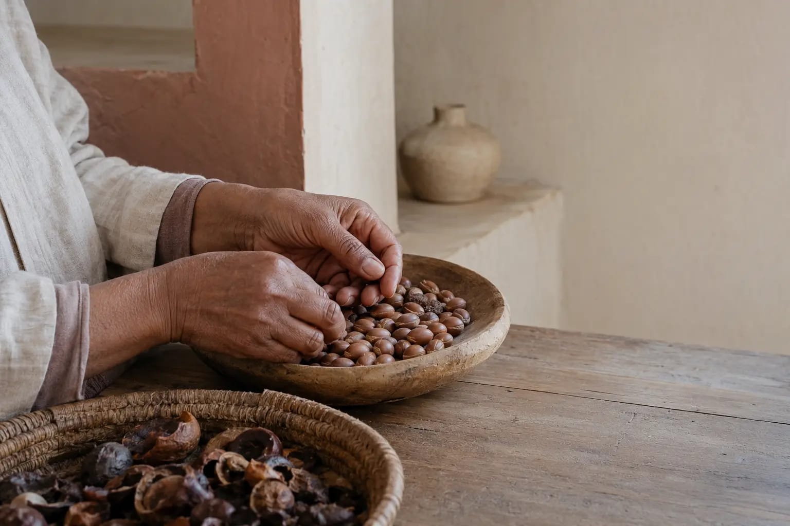 Argan kernels being sorted by hand in Marrakech